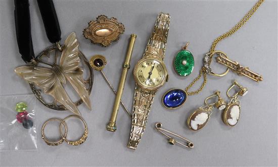 A group of minor gold and other jewellery and a wrist watch.